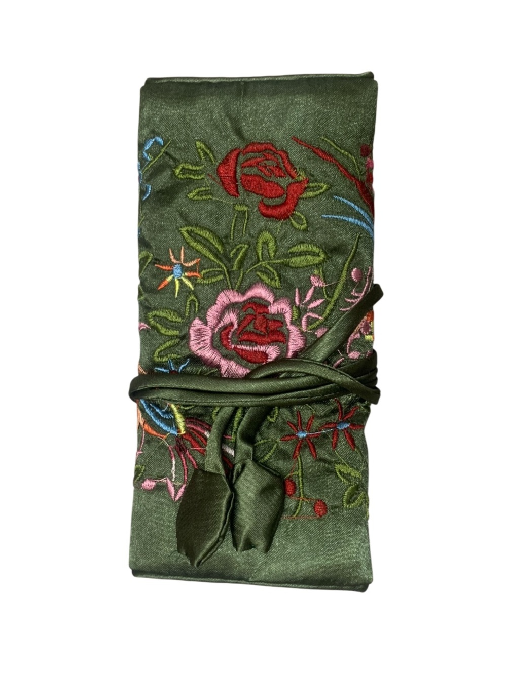 Embroidered Jewelry Roll in Luxurious Green Satin - New